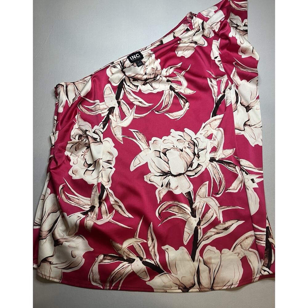Inc Women's One Shoulder Hot Pink Floral Printed Blouse With Ruffle Sleeve Sz L - Picture 2 of 6